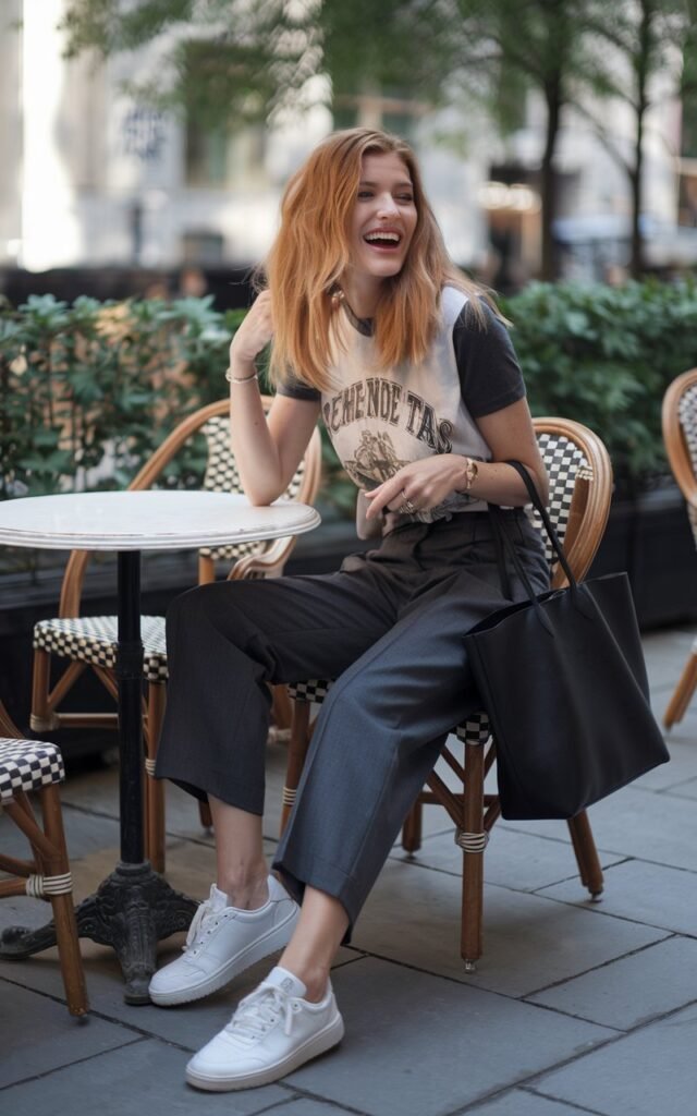 Model with shoulder-length honey-blonde hair sits at a café table outside. She wears a vintage graphic tee tucked into charcoal tailored trousers with white sneakers and a black tote bag. Soft daylight; candid moment as she laughs mid-conversation. Natural skin glow and realistic shadows.