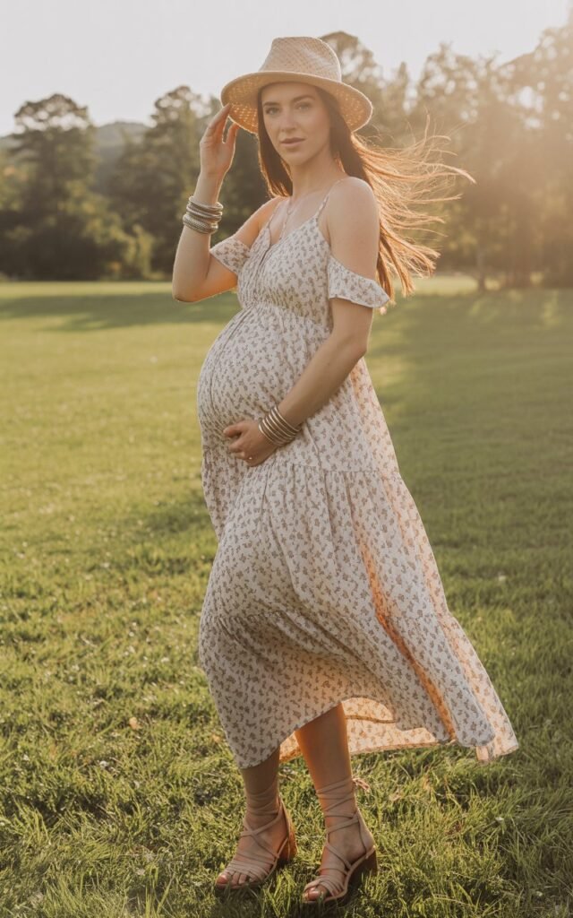 pregnant women White-skinned model in a tiered floral maxi dress and strappy sandals, standing in a sunlit meadow. Soft breeze catching her hair and dress, golden hour lighting, boho accessories like bangles and a straw hat.