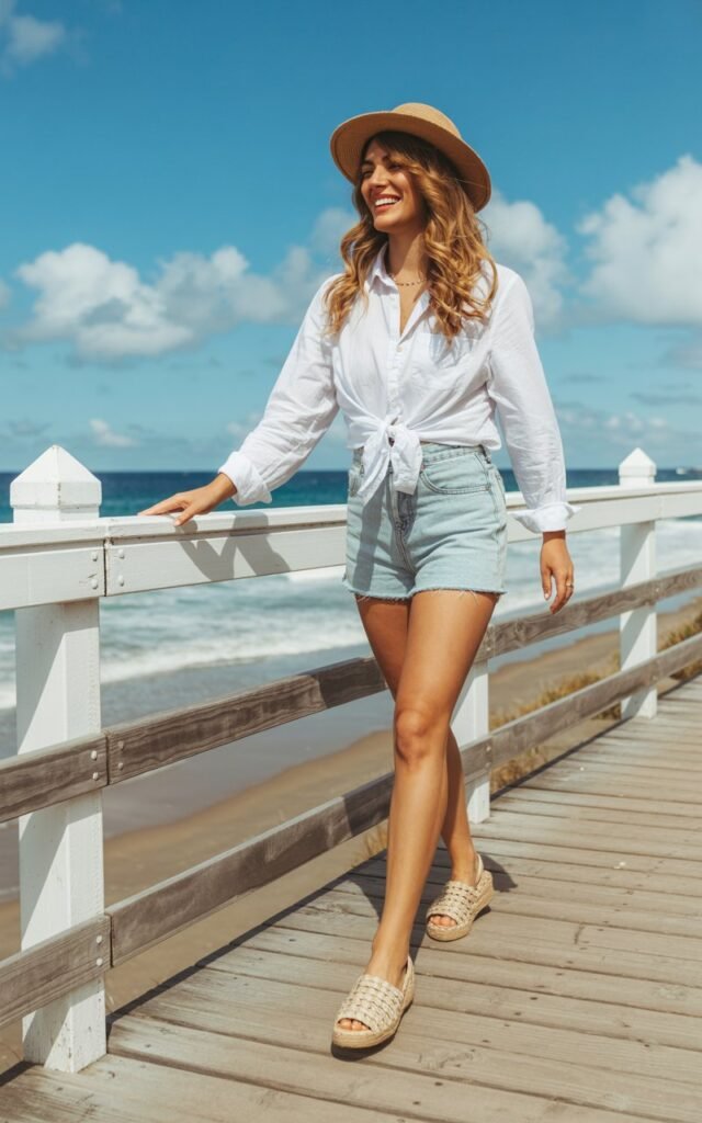 A beach boardwalk setting under bright daylight. The woman wears a crisp white button-down tied at the waist with light denim shorts, straw hat, and espadrilles. Her wavy hair catches the sea breeze. She’s smiling candidly while walking near the railing.