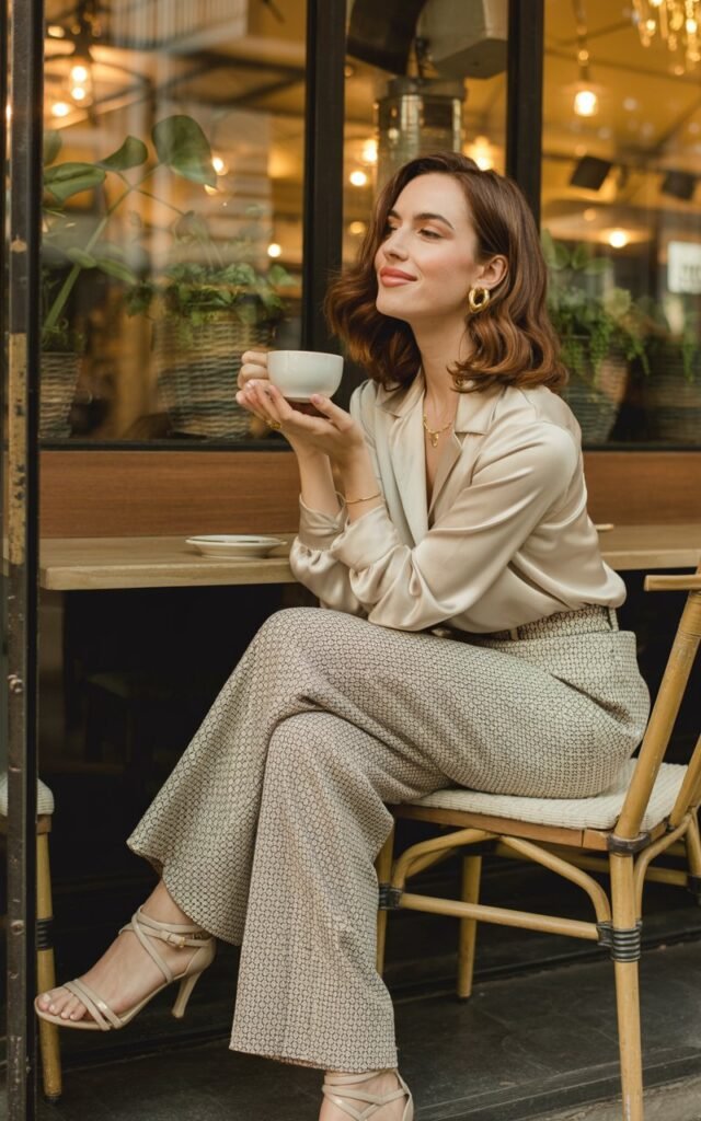 A chic café corner with warm indoor light. The woman wears a cream blouse tucked into patterned wide-leg pants, small earrings, and strappy heels. Her hair is styled in loose waves. She sits gracefully, sipping coffee and smiling softly.