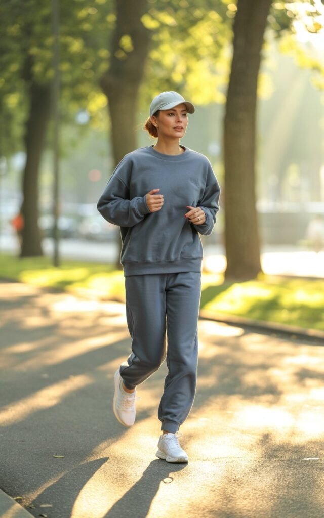 A city park in early morning light. The woman jogs lightly or stands mid-stride in a gray matching sweat set with white sneakers and a baseball cap. Her hair is tied in a low bun, makeup minimal. The natural daylight adds freshness and realism.