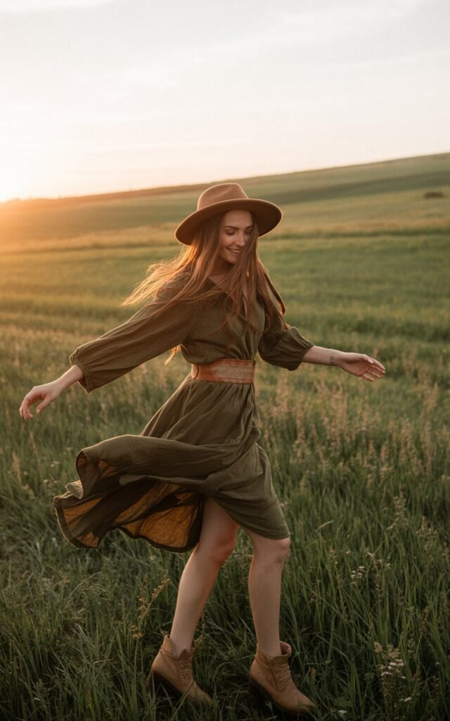 A countryside field at sunset. The woman wears a flowy olive-green dress cinched at the waist with a tan leather belt, brown ankle boots, and a floppy hat. Her hair flows freely in the breeze. The sunlight gives a warm golden tone to the scene as she twirls lightly.