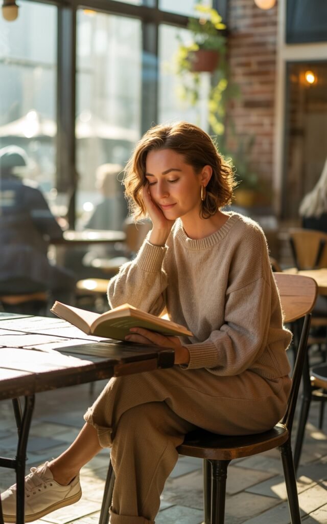 A cozy indoor café with soft morning light. The woman sits at a wooden table wearing a matching oatmeal knit sweater and pants set, paired with white sneakers. Her wavy hair is tucked behind one ear as she reads a book. The atmosphere feels warm and inviting.