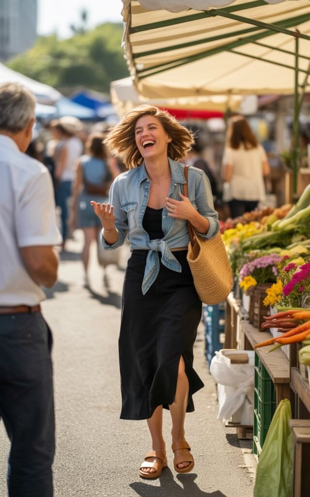A daytime outdoor farmers’ market. The woman wears a fitted black dress with an unbuttoned light-wash denim shirt tied at the waist. She pairs it with sandals and a woven tote. Her hair is messy in a cute way, laughing mid-conversation with a vendor.