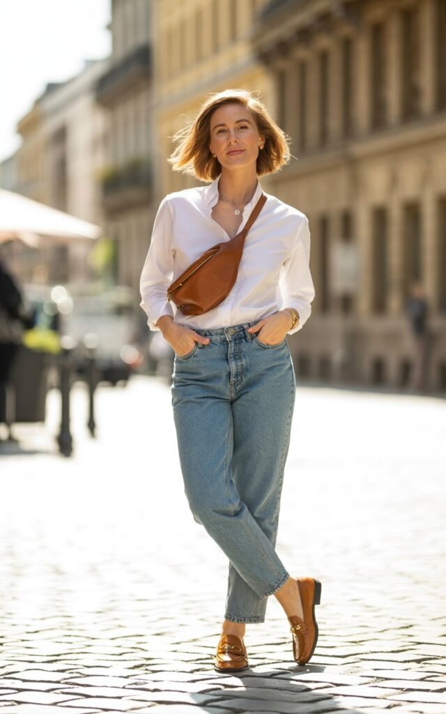 A full-body photo of a stylish white-skinned woman standing on a cobblestone city street in daylight. She wears a crisp white button-down shirt half-tucked into light blue straight-leg jeans, with tan loafers and a brown leather crossbody bag. Her hair is softly blown out and shoulder-length. She smiles subtly, one hand in her pocket, natural skin texture visible.