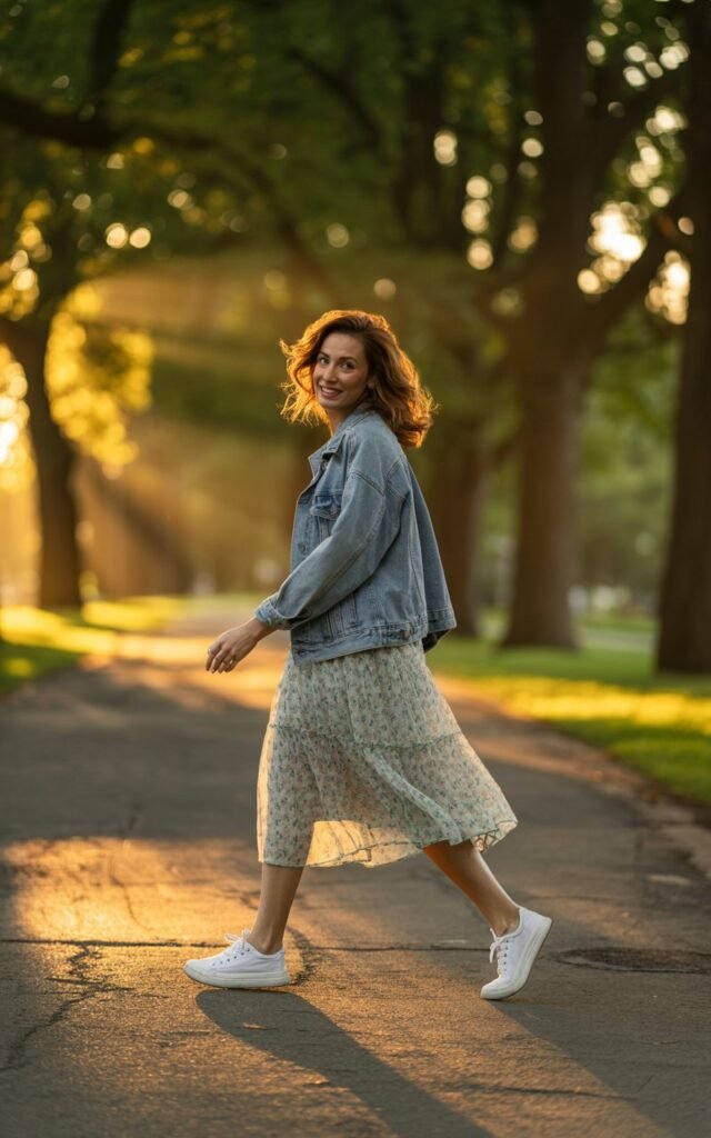 A full-body shot of a woman walking through a sunlit park path at golden hour. She wears a light denim jacket over a floral midi dress and white sneakers. Her wavy hair falls loosely around her shoulders, and she looks over her shoulder mid-step. The background glows with soft sunlight filtering through trees.