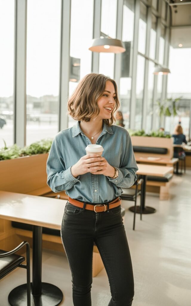 A modern coffee shop interior with large windows. The model wears a chambray denim shirt tucked into black skinny jeans, with ankle boots and a brown belt. Her hair is slightly wavy and parted center. She holds a takeaway cup, caught mid-smile in natural light.
