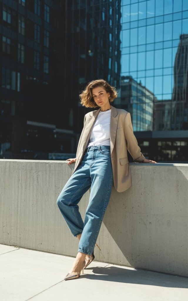 A modern urban setting with glass buildings behind her. The model leans casually against a wall wearing an oversized beige blazer, white tee, and medium-wash jeans with pointed-toe heels. Her short wavy hair frames her face naturally. The lighting is bright midday sunlight with soft shadows.