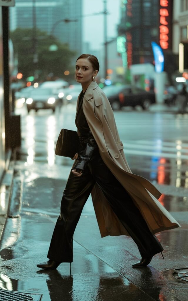 A rainy city sidewalk with reflections on the pavement. The woman wears a beige trench coat over an all-black outfit with ankle boots and carries a structured bag. Her hair is sleek, makeup polished but natural. The overcast light creates a cinematic mood.