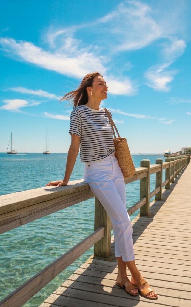 A seaside boardwalk scene under bright blue skies. The model wears a navy-and-white striped tee tucked into cropped white jeans, with tan sandals and a woven tote bag. Her hair is loose and windswept. She leans on a railing, smiling at the ocean.