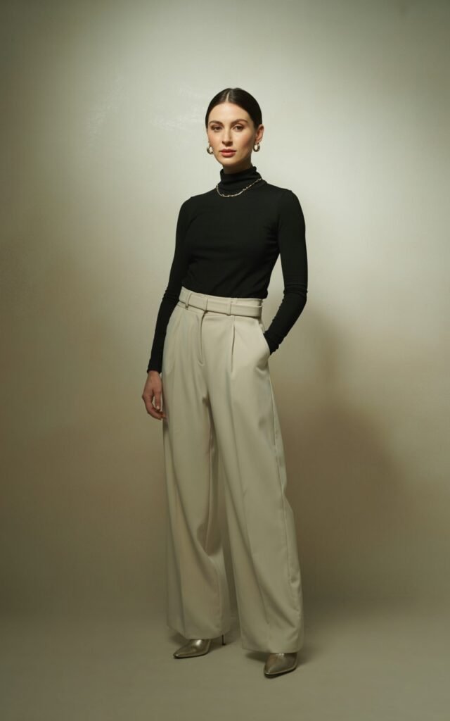 A studio photo with soft, diffused lighting. The woman stands confidently against a beige backdrop wearing a black fitted turtleneck tucked into cream wide-leg trousers, belted at the waist. She wears heeled ankle boots and minimal gold jewelry. Her hair is in a sleek bun, expression calm and poised.