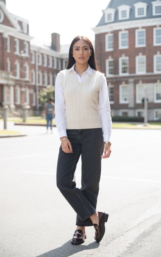 A university campus setting with brick buildings in the background. The model wears a white button-up shirt layered under a beige sweater vest, with straight-leg jeans and loafers. Her hair is sleek and parted to the side. The lighting is bright but soft.