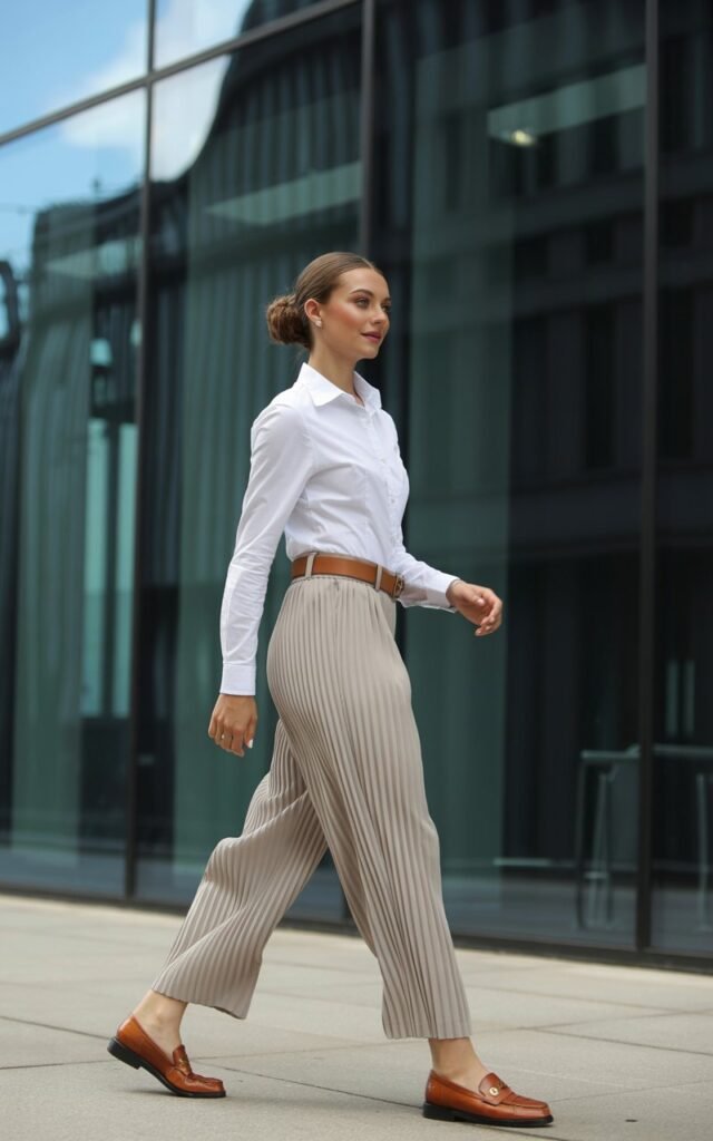 A white-skinned female model with a neat low bun poses in front of a modern glass building. She wears a crisp white button-down tucked into beige pleated trousers, accessorized with a tan belt and loafers. Natural daylight reflects softly off the glass. She’s looking off-camera, mid-stride, with a subtle smile — polished yet effortless.