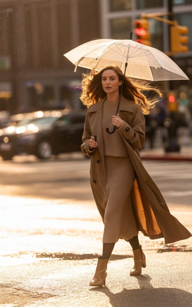 A white-skinned female model with loose waves stands under soft rain in an urban crosswalk, holding a neutral umbrella. She wears a camel trench coat over a matching knit set with ankle boots. Golden-hour drizzle lighting adds cinematic softness. She looks effortlessly composed, mid-step, hair catching the light.