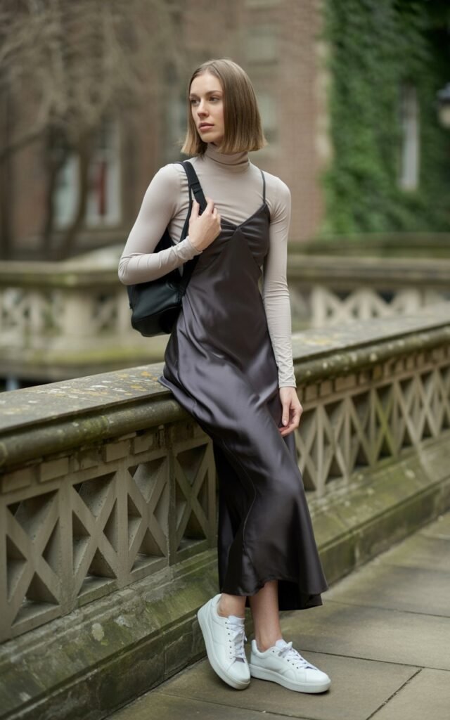 A white-skinned model with a sleek bob stands near a college courtyard wall. She wears a fitted beige turtleneck under a black satin slip dress, with white sneakers and a mini backpack. Overcast daylight for soft tones. She’s leaning casually on a railing, looking off-camera.