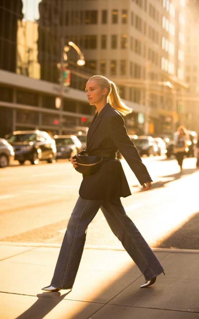 A white-skinned model with a sleek ponytail poses on a downtown street. She wears an oversized charcoal blazer cinched with a black belt bag, straight-leg jeans, and ankle boots. Golden-hour city lighting with reflections from glass buildings. She’s walking confidently, glancing sideways.