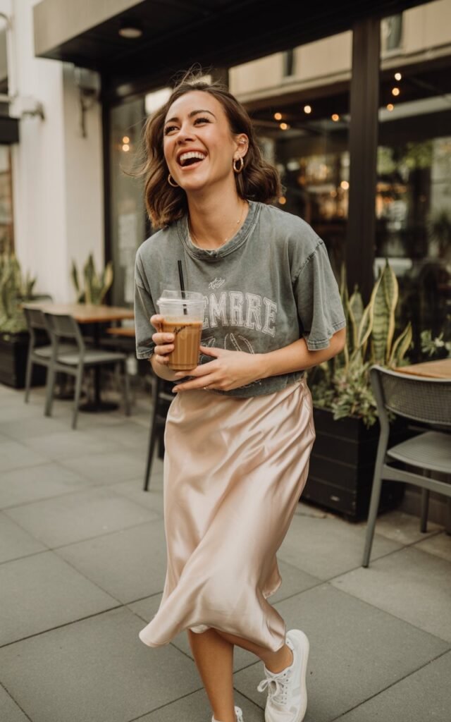 A woman standing on a trendy café patio during daylight. She wears a vintage-style band tee tucked into a champagne satin slip skirt, chunky sneakers, and small hoop earrings. Her hair is tousled, makeup minimal. She holds an iced coffee, captured in a candid mid-laugh.