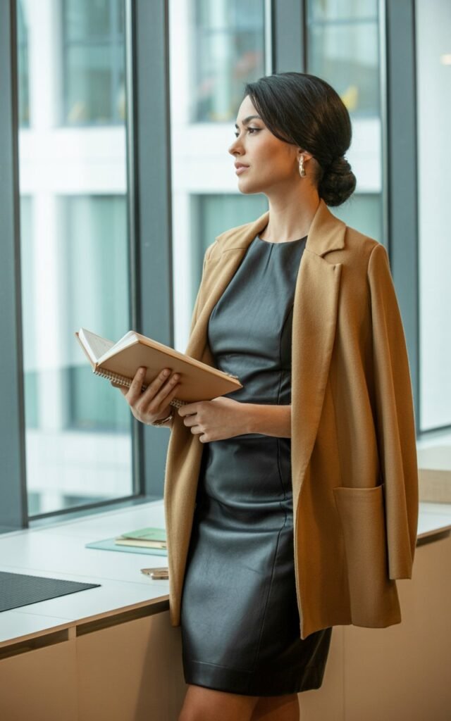 A woman stands by an office window bathed in soft indoor light, wearing a gray sheath dress with a camel cardigan draped over her shoulders. She’s holding a notebook in one hand, nude heels completing the look. Her expression is calm and approachable, hair styled in a low twist.