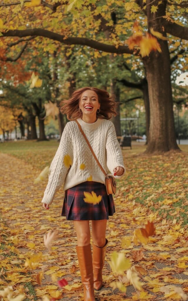An autumn park scene with fallen leaves. The woman wears an oversized cream sweater over a plaid mini skirt, tall brown boots, and carries a crossbody bag. Her hair is tousled, makeup glowy. She’s laughing while walking through the leaves.