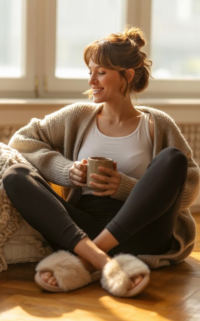 An indoor scene with warm window light. The woman lounges by a sofa wearing a chunky beige cardigan over a white tank top and black leggings, paired with fuzzy slides. Her hair is in a loose bun, soft natural makeup. She looks relaxed and happy, holding a mug.