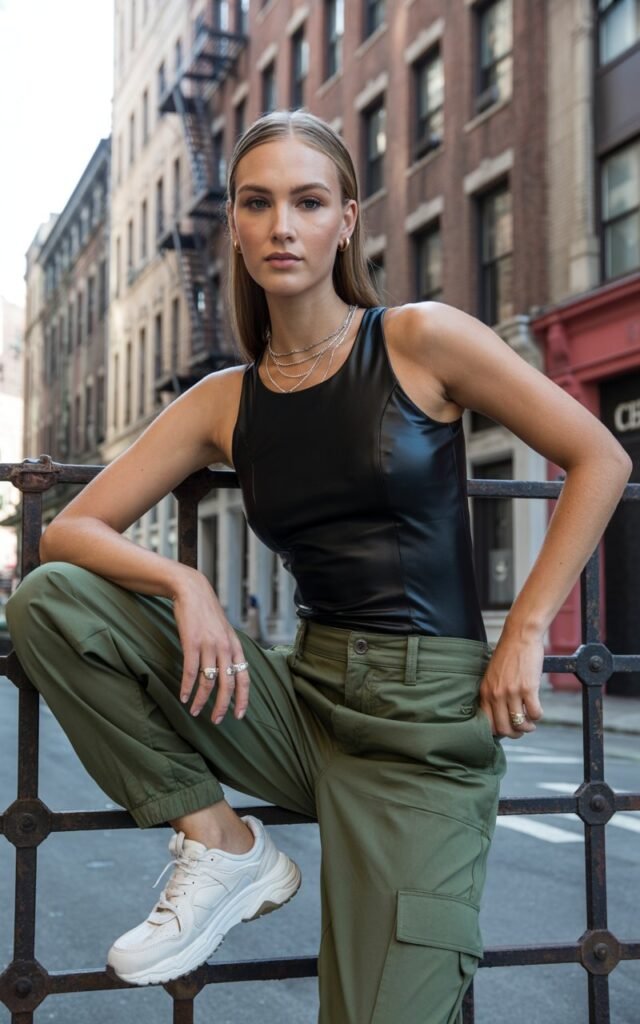 An industrial street backdrop. The model stands confidently, wearing a black fitted bodysuit tucked into olive cargo pants with chunky sneakers. Her hair is straight and tucked behind her ears. She wears silver jewelry, a calm, confident expression under natural daylight.