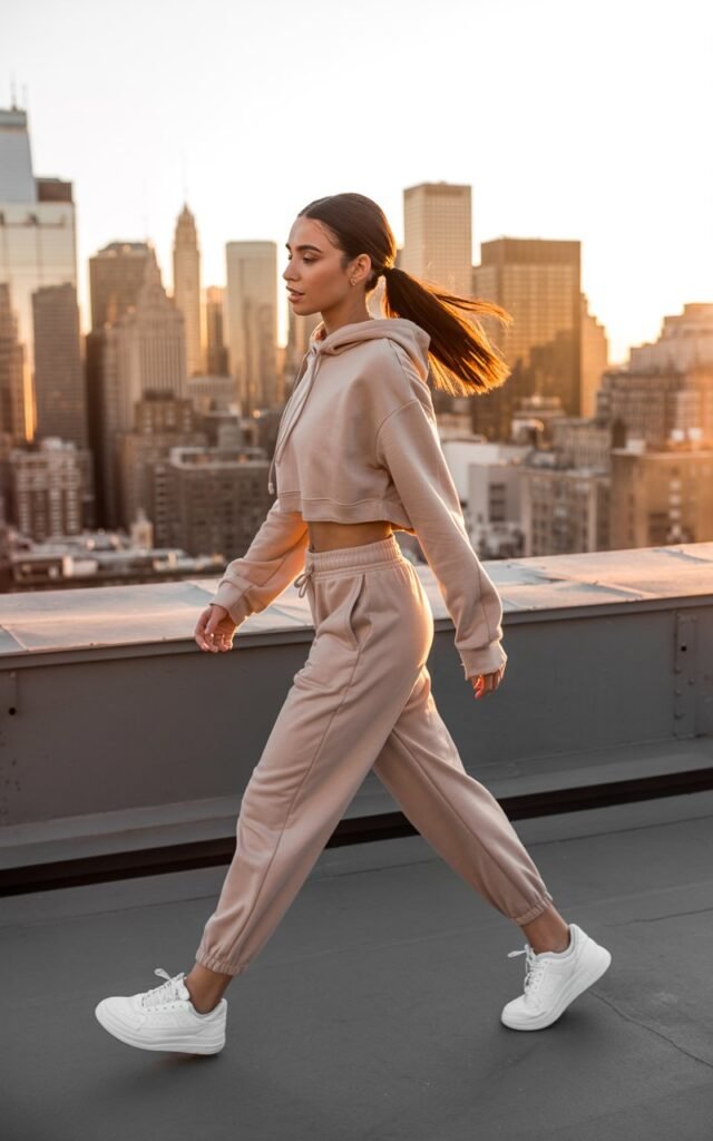 An urban rooftop during sunset. The model wears a beige cropped hoodie with matching high-waisted joggers and clean white sneakers. Her hair is pulled into a sleek ponytail, minimal makeup with a dewy glow. She poses mid-walk, city skyline in the background.
