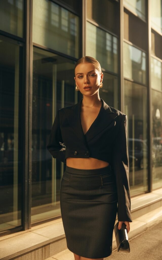 Editorial full-body shot of a woman in a cropped black blazer over a high-waist pencil skirt. She stands confidently outside a glass office building under golden-hour sunlight. Wearing heels and subtle earrings. Her hair is slicked back, expression bold and assured.
