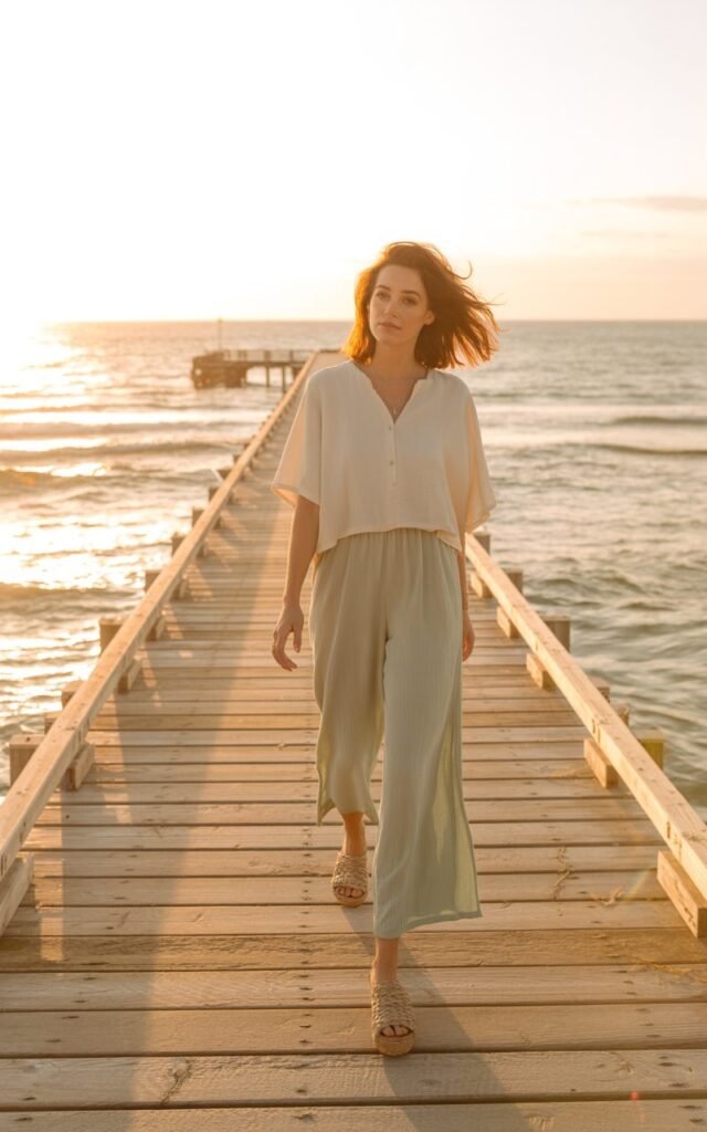 Full-body beach pier shot at warm sunset. She wears a lightweight, wide-leg jumpsuit and woven sandals. Hair is natural and slightly windswept. She walks casually with a soft expression.