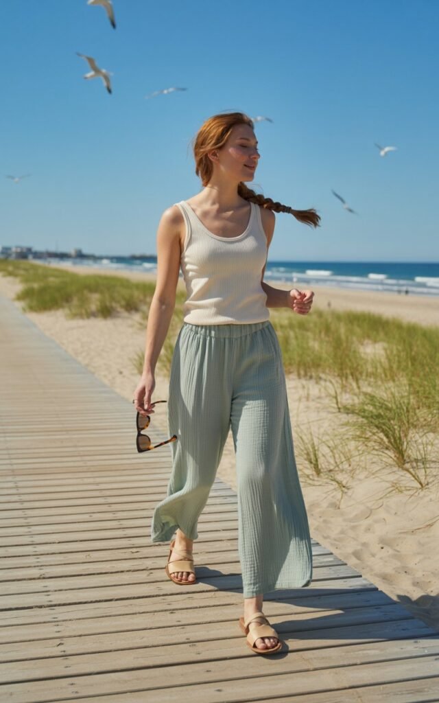 Full-body beachside boardwalk scene under warm daylight. She wears a ribbed tank top, airy linen pants, and flat sandals. Hair is in a relaxed braid. She walks with a serene expression, holding sunglasses in one hand.