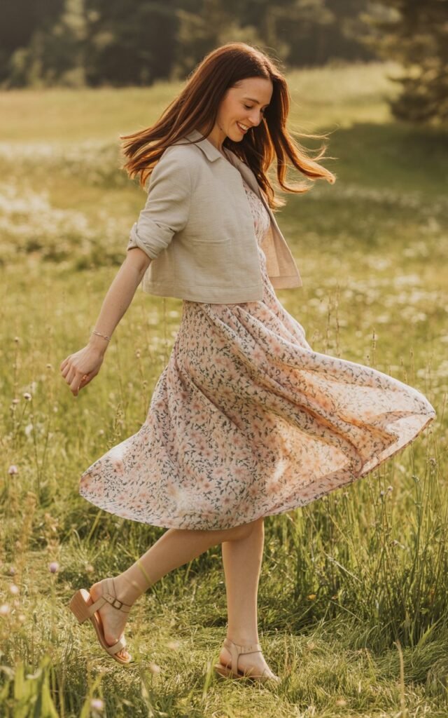 Full-body capture in a sunlit field. She wears a floral midi dress, a cropped lightweight jacket, and simple sandals. Hair is long and loose. She twirls slightly, creating natural fabric movement.