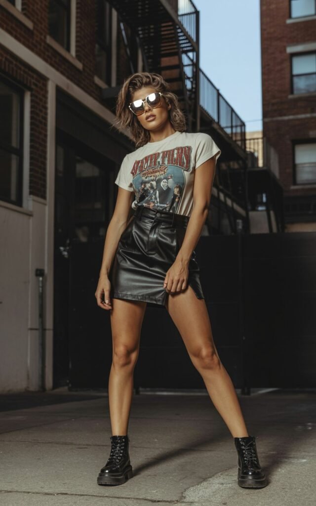 Full-body city alleyway editorial shot. Model wears a vintage graphic tee tucked into a structured black mini skirt, chunky boots, and statement sunglasses. Hair is slightly messy for an edgy look. Harsh side lighting for contrast. She stands with weight on one leg, expression bold and cool.