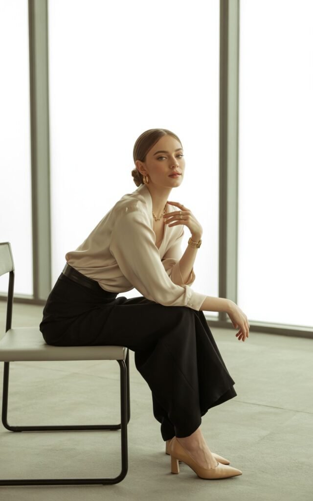 Full-body editorial of a woman in a pale champagne silk blouse tucked into a black pencil skirt. She’s photographed indoors by a floor-to-ceiling window with soft natural light, sitting gracefully on a modern chair. Minimal gold jewelry, nude pumps, and a low bun hairstyle. Her expression is elegant, slightly smiling.