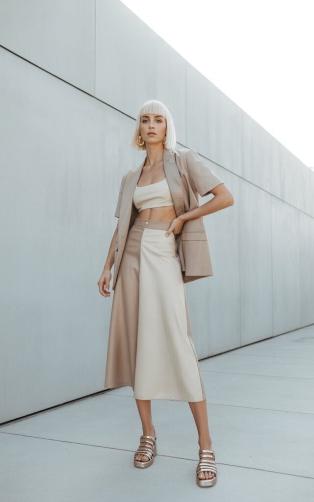 Full-body fashion photo of a white-skinned woman with platinum blonde bob hair, posing confidently in front of a minimalist concrete wall. She wears a stylish matching co-ord set — cropped top and midi skirt in neutral tones. Chunky earrings and platform sandals complete the look. The lighting is bright, clean, and editorial.