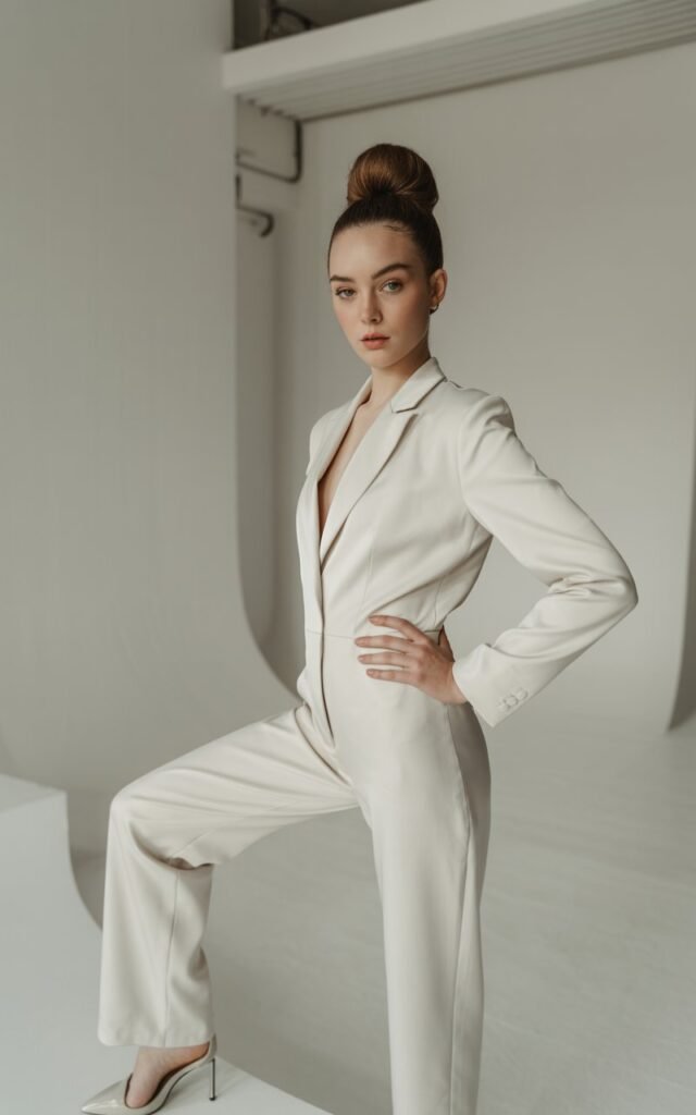 Full-body fashion shot of a white-skinned female model with a sleek high bun, wearing a fitted monochrome white jumpsuit and minimalist heels. Indoor studio with clean white walls and soft diffused lighting. She poses with one hand on her hip, expression calm and elevated. Subtle shadows and true-to-life fabric folds.