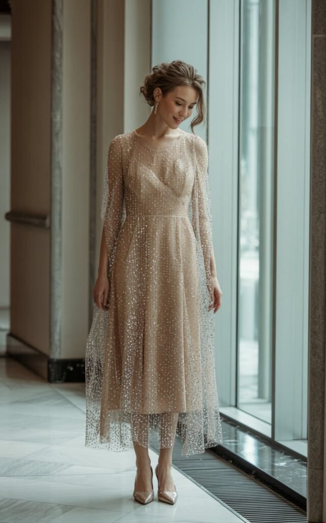 Full-body fashion shot of a white-skinned model in a soft champagne dress with a glitter mesh overlay, paired with delicate heels. Shot near a large window inside an upscale indoor venue with soft natural light. Her hair is pinned back in a romantic style. She looks down slightly with a soft smile. Realistic sparkles, mesh texture, and skin detail emphasized.
