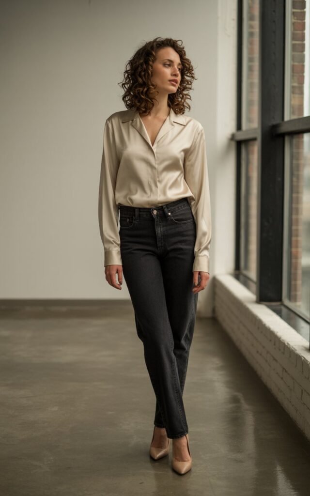 Full-body fashion shot of a white-skinned model with loose curls, wearing a cream silk blouse tucked into dark blue high-rise jeans and neutral heels. Photographed in a soft indoor daylight loft apartment. Standing near a window, looking out thoughtfully. Realistic silk shine and subtle makeup.