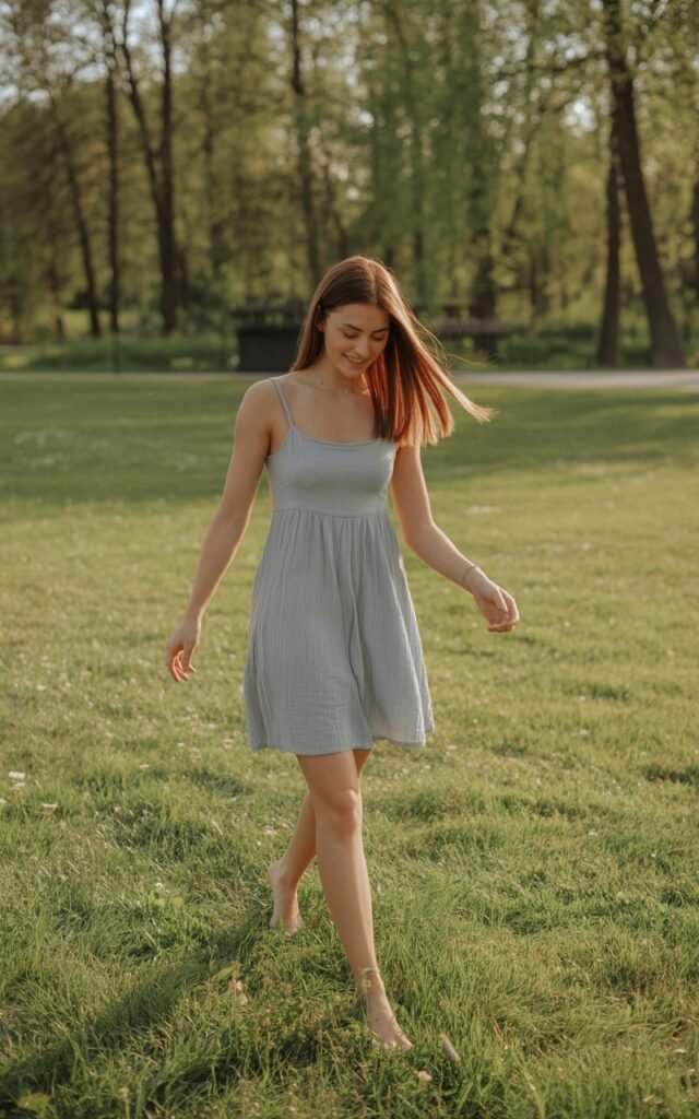 Full-body image in a bright park meadow. She wears a breezy cotton sundress, with no heavy accessories. Hair is straight and flowing naturally. She smiles softly while walking barefoot through the grass.