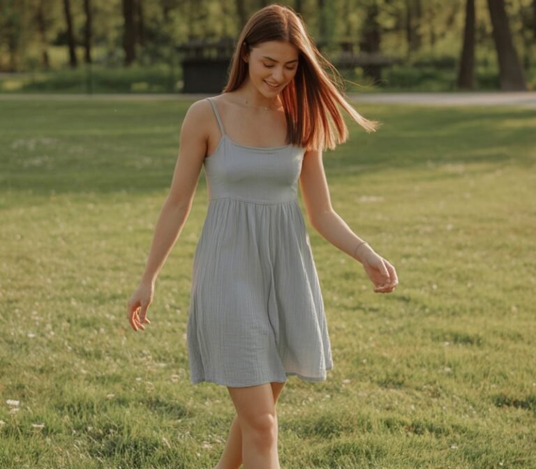 Full-body image in a bright park meadow. She wears a breezy cotton sundress, with no heavy accessories. Hair is straight and flowing naturally. She smiles softly while walking barefoot through the grass.