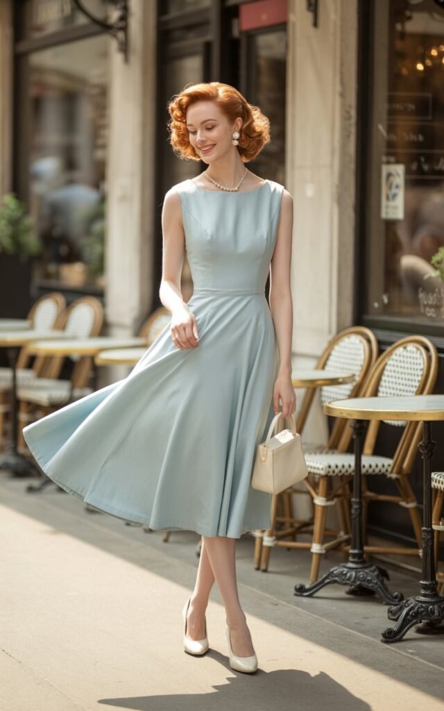 Full-body image of a fair-skinned model in a vintage-inspired pastel blue tea-length dress with a flared skirt, pearls, and retro heels. She stands outside a charming café with Parisian-style outdoor seating in soft morning light. Her hair is styled in soft curls with a subtle 1950s twist. She holds a small handbag and tilts her head with a sweet smile. Realistic textures and soft shadows give an editorial feel.