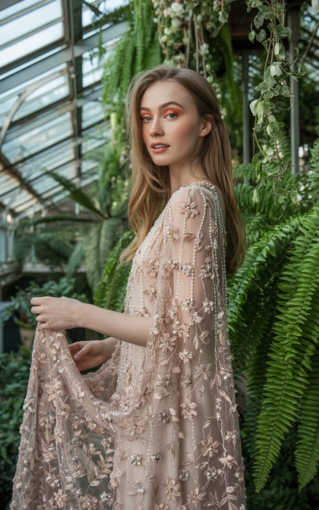 Full-body image of a fair-skinned model wearing a nude-tone gown covered in floral embroidery and delicate beadwork. She stands in a botanical greenhouse filled with greenery under diffused daylight. Her hair flows naturally, and she wears soft, romantic makeup. Her pose is gentle, holding part of the skirt. Realistic embroidery detail and natural imperfections preserved.