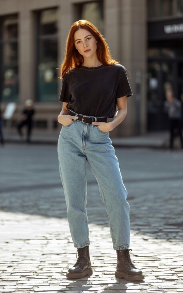 Full-body image of a fair-skinned model with sharp cheekbones and auburn hair, tucked into a tucked-in black band tee and light wash high-waist mom jeans, accessorized with black combat boots and a leather belt. The background is a cobblestone urban street with morning sunlight casting soft shadows. She stands confidently, hands in pockets, slight smirk, relaxed posture. Natural skin texture, minimal makeup, subtle imperfections for realism.