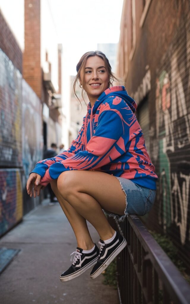 Full-body image of a model sitting on a stair railing in an alleyway. She wears a colorful graphic hoodie, ripped denim shorts, and black Vans. Natural daylight with soft shadows. Hair in a messy bun, expression carefree and candid. A few posters and street art add texture to the background.