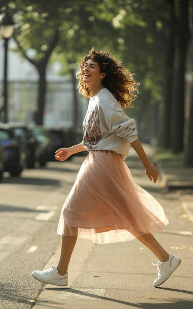Full-body image of a white-skinned female model with curly hair, wearing an oversized graphic sweatshirt tucked slightly into a blush tulle midi skirt, paired with white sneakers. Location outdoor urban park with soft morning sunlight. Pose walking while laughing, natural hand movement, playful expression. Realistic skin, editorial imperfections, subtle shadows.