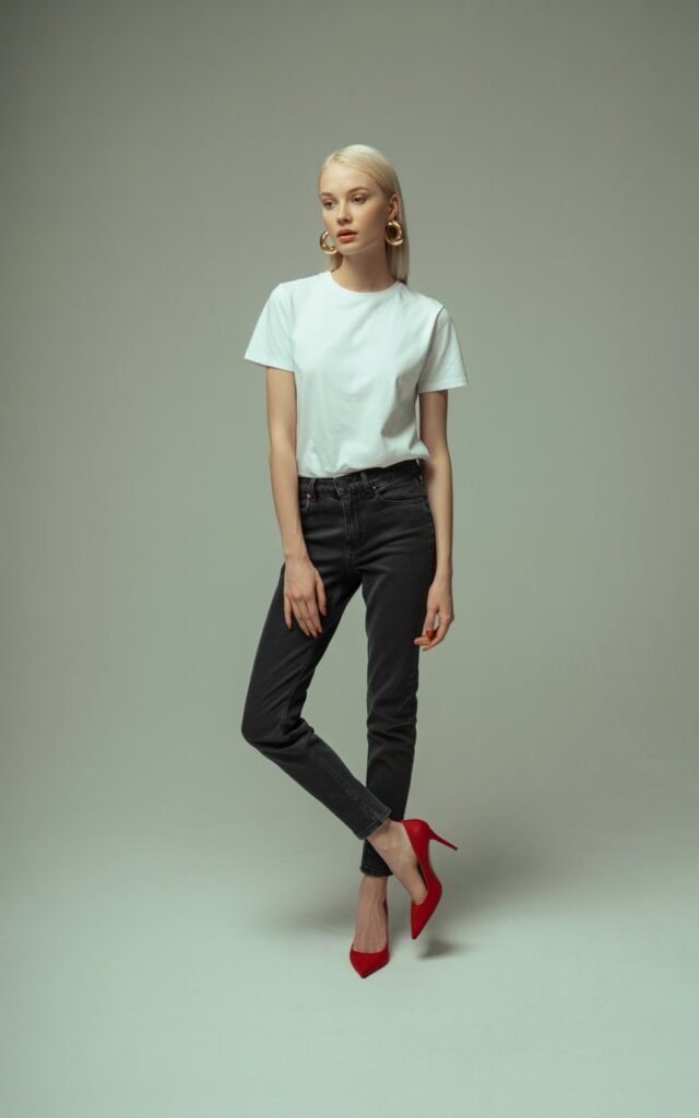 Full-body image of a white-skinned female model with smooth straight hair and minimal makeup, standing in a studio with neutral backdrop. She wears a simple white tee and black jeans but bold red heels and gold hoops. Bright softbox lighting for clean editorial tones. She’s posing confidently, one leg slightly crossed, radiating poise.