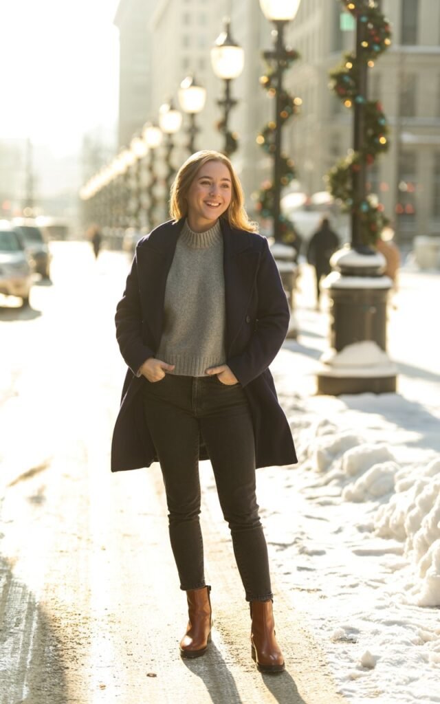 Full-body image of a white-skinned girl in a grey mock-neck sweater, navy peacoat, skinny jeans, and brown ankle boots. She stands on a snowy sidewalk with festive street lamps. Golden hour lighting softens shadows. Pose hands in pockets, slight tilt of head, warm smile.