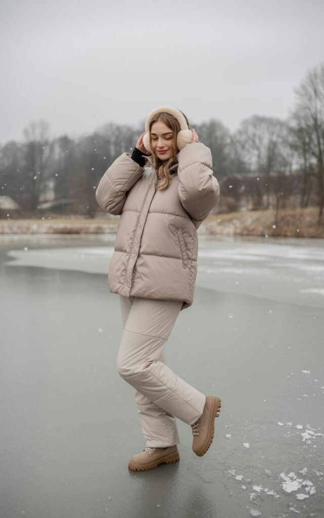 Full-body image of a white-skinned girl in a matching beige puffer jacket and pants, plush ear muffs, and winter boots. She’s standing on a frozen pond edge with light snowfall. Soft overcast light emphasizes monochrome tones. Pose smiling while holding earmuffs, casual relaxed stance.