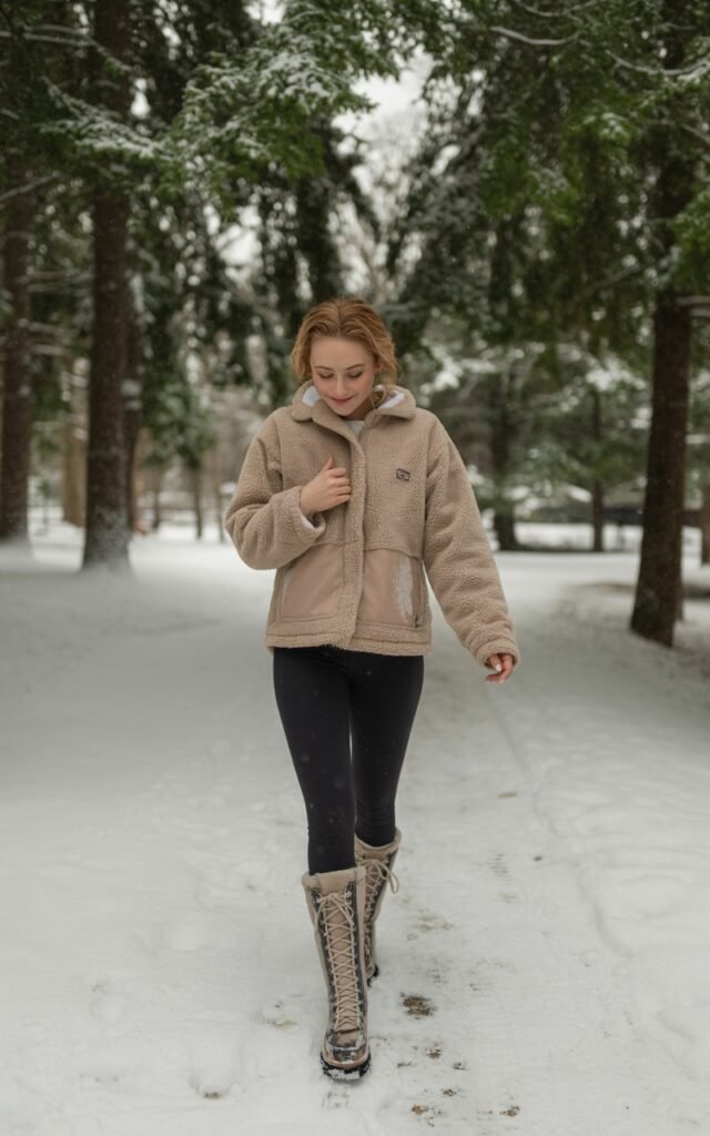 Full-body image of a white-skinned girl wearing a beige lined shacket, black insulated leggings, and lace-up snow boots. She’s walking on a snowy park trail lined with trees. Soft natural light highlights texture and warmth. Pose slight mid-step, adjusting jacket sleeve, subtle smile.