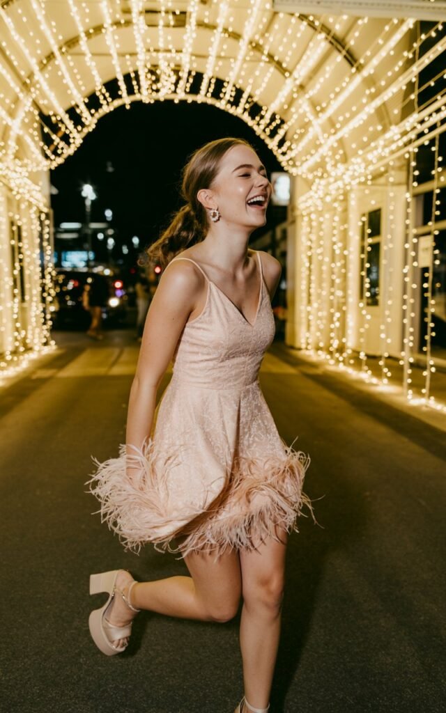 Full-body image of a white-skinned girl wearing a feather-trim mini dress in soft white or blush, playful earrings, and platform heels. She’s captured mid-step near the hoco entrance arch covered in fairy lights. Slight movement in feathers adds texture. Soft event lighting and candid laughter.
