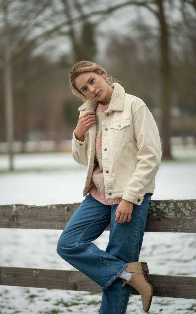 Full-body image of a white-skinned model in a cream sherpa-lined denim jacket, a pastel knit sweater, straight-fit jeans, and suede ankle boots. She’s leaning on a rustic wooden fence in a snowy park. Soft diffused light highlights textures of the sherpa and knit. Slight tilt of head, hands gently touching the jacket collar.