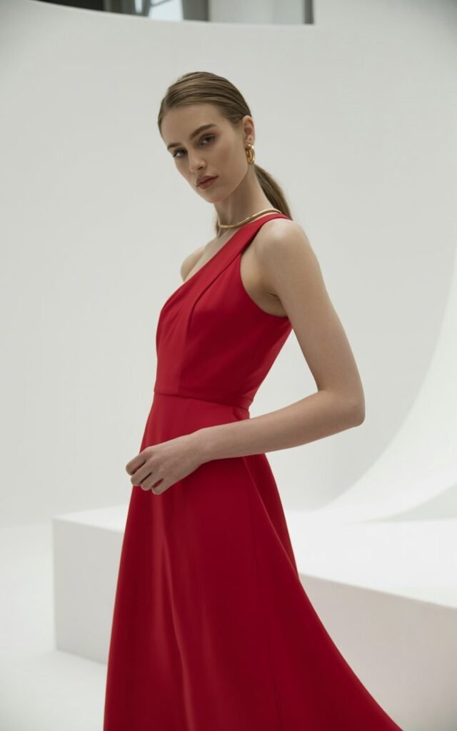 Full-body image of a white-skinned model in a sleek red one-shoulder gown with minimal accessories. Shot on a clean white studio backdrop with soft editorial lighting. Her hair is styled in a polished side-parted ponytail. She stands tall with one arm slightly bent and a confident gaze. Sharp dress lines and natural skin detail highlighted.